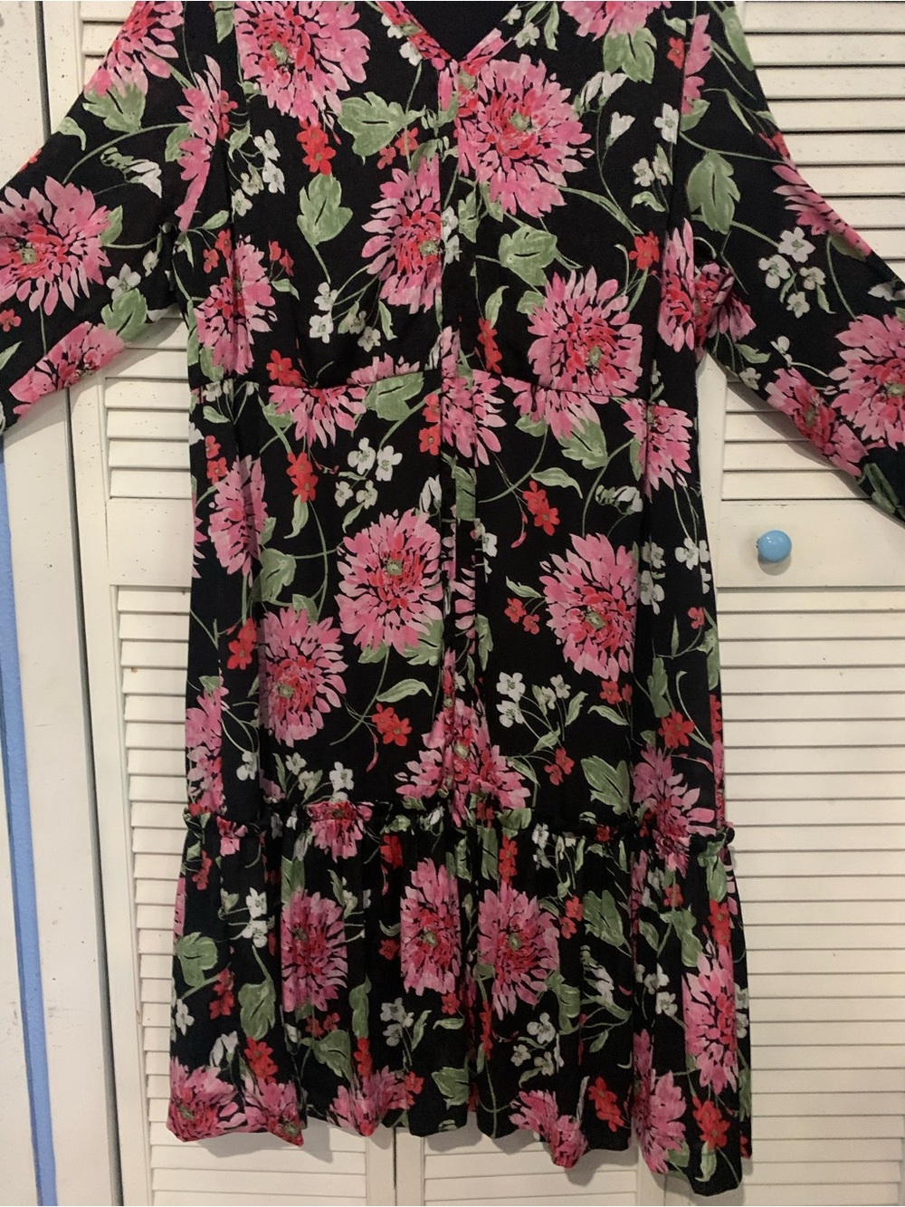 Draper James Black Dress with Pink and Green Floral Print Ruffled Hemline - Picture 3 of 9